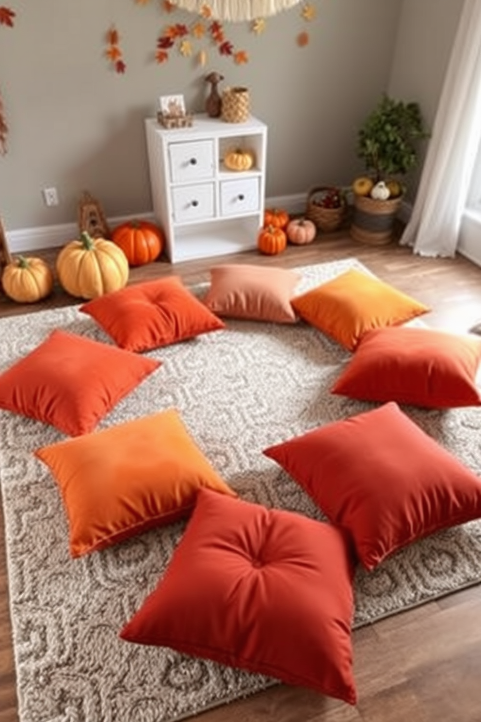 Thanksgiving themed floor cushions arrangement. A cozy collection of floor cushions in warm autumn colors is arranged in a circle on a soft area rug. Thanksgiving Playroom Decorating Ideas. The playroom is adorned with playful decorations like pumpkins and fall leaves, creating a festive atmosphere for children to enjoy.