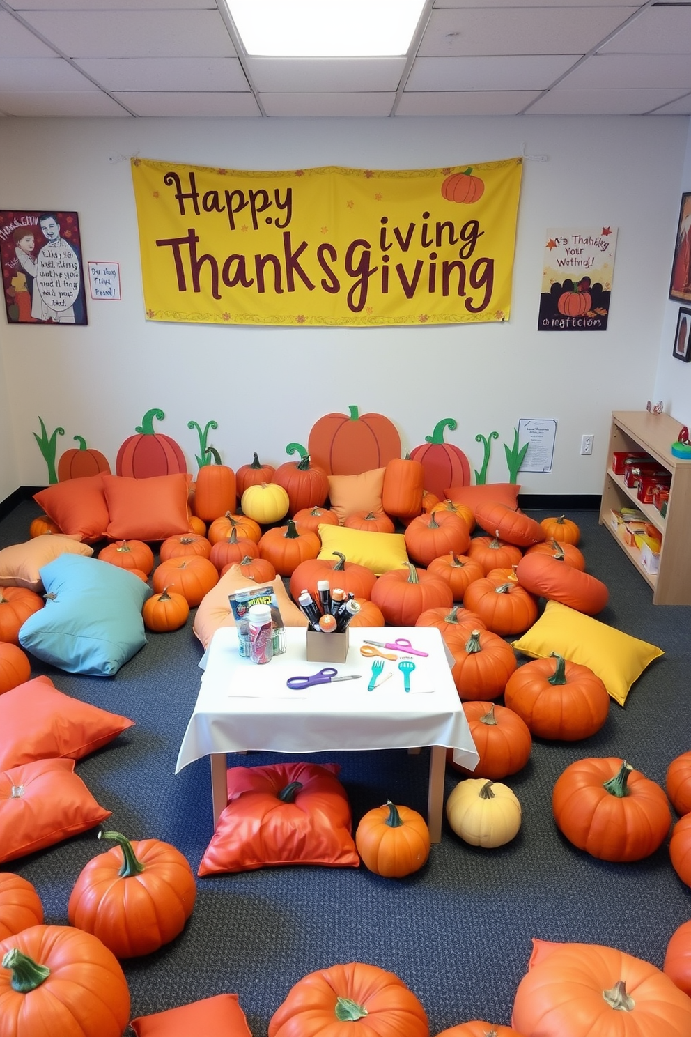 A cozy Thanksgiving playroom featuring a vibrant pumpkin patch sensory play area. Soft, textured mats cover the floor, surrounded by colorful pumpkins of various sizes, creating an inviting atmosphere for children to explore. The walls are adorned with autumn-themed decorations, including garlands of leaves and playful turkey art. A small table is set up with craft supplies for making Thanksgiving cards, encouraging creativity and festive spirit.