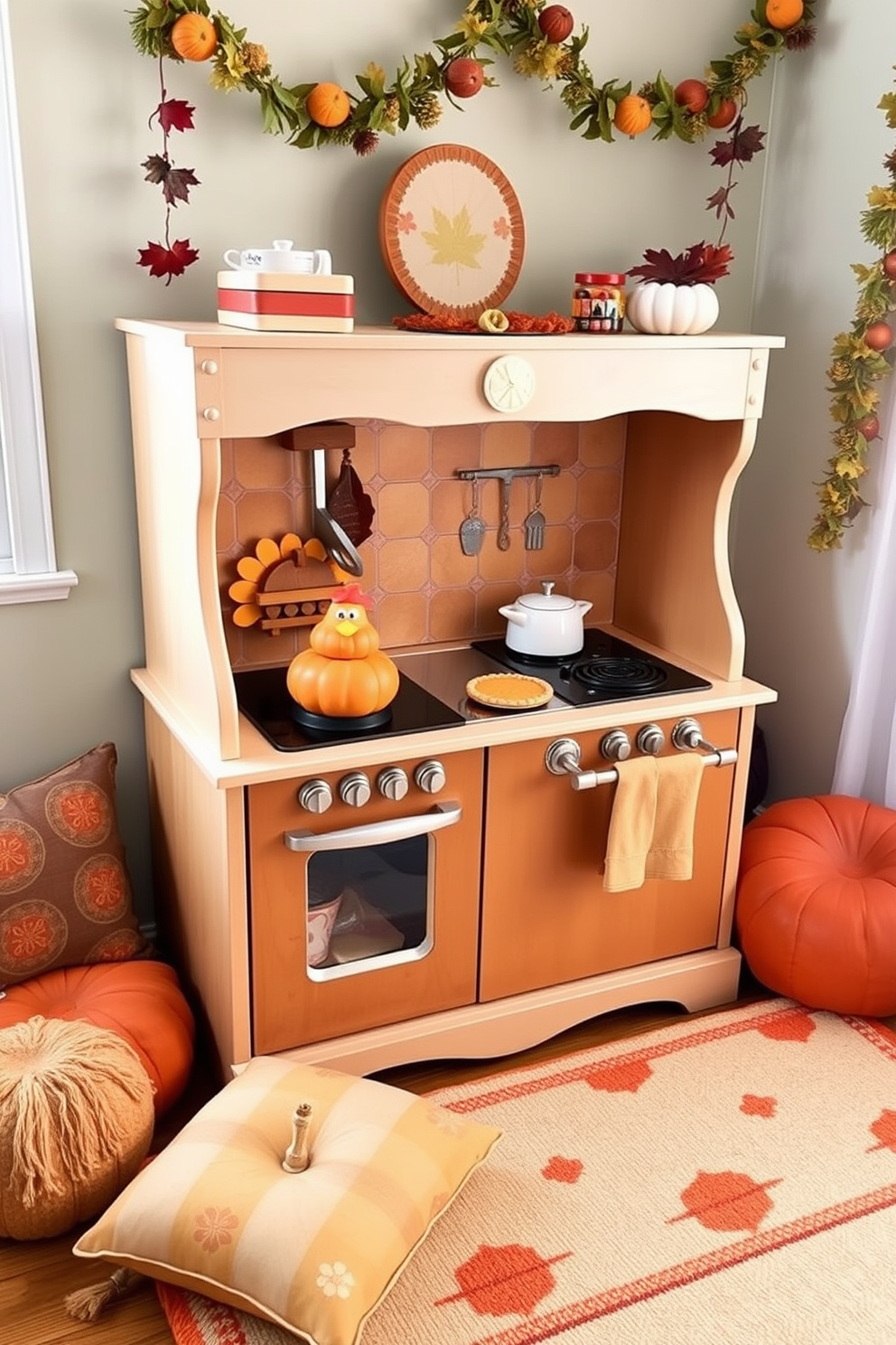 A whimsical play kitchen designed for Thanksgiving festivities. It features a charming wooden play stove adorned with colorful cooking props like miniature turkeys and pumpkin pies. The playroom is decorated with autumn-themed accents. Soft cushions in warm hues and festive garlands create a cozy atmosphere perfect for imaginative cooking adventures.