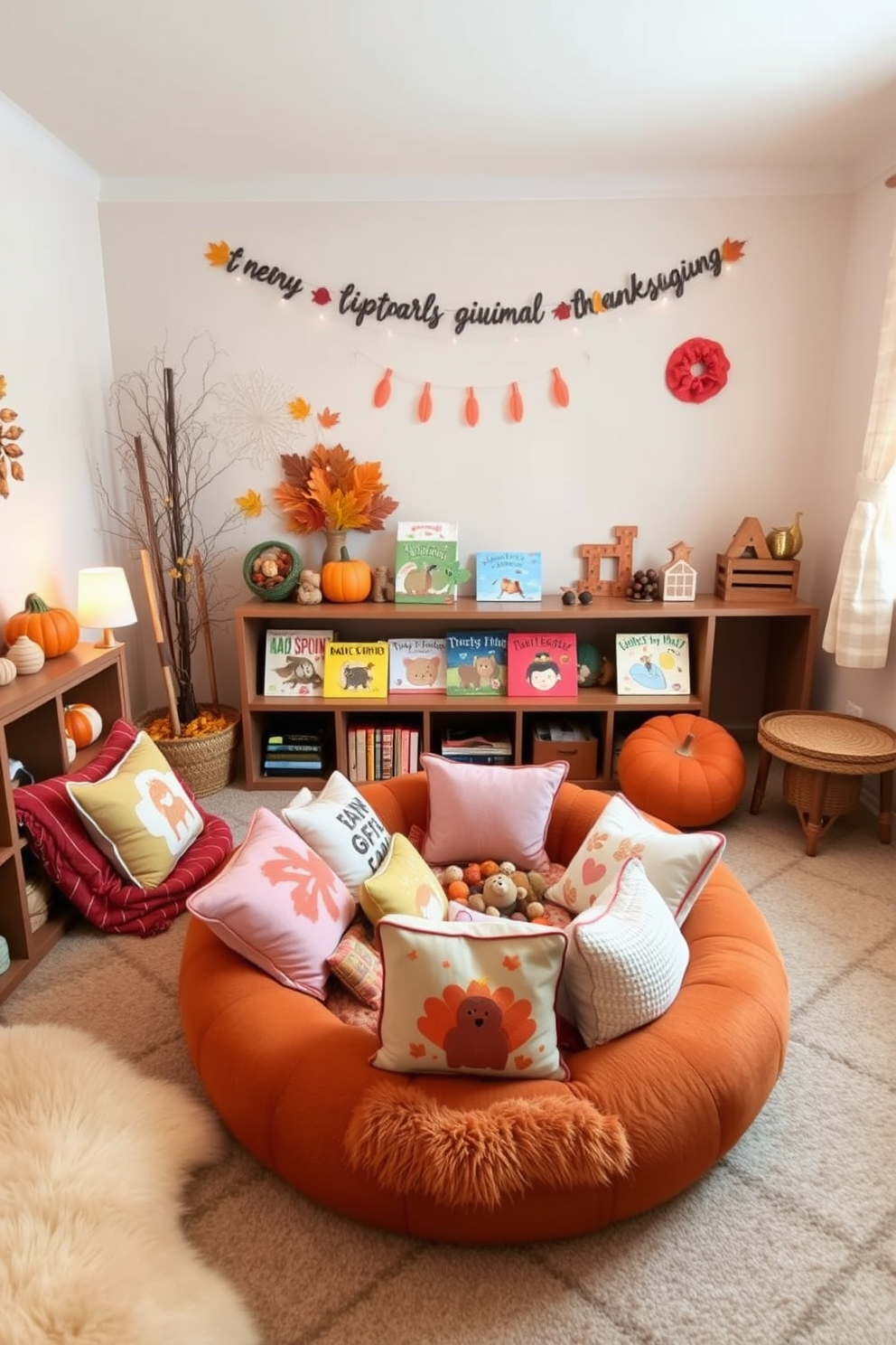 A cozy playroom filled with seasonal decorations for Thanksgiving. There are colorful themed books displayed on a low wooden shelf, inviting children to explore stories of gratitude and family. Soft, warm lighting illuminates the space, creating a welcoming atmosphere. Plush seating in autumnal colors surrounds a central play area adorned with themed cushions and playful decor.