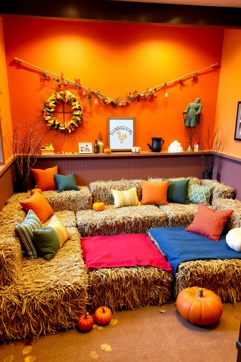 A cozy playroom designed for Thanksgiving celebrations. Decorative hay bales are arranged as seating, adorned with colorful cushions and soft blankets for comfort. The walls are painted in warm autumn hues, creating an inviting atmosphere. Festive decorations, like pumpkins and fall leaves, are scattered throughout the space to enhance the seasonal theme.