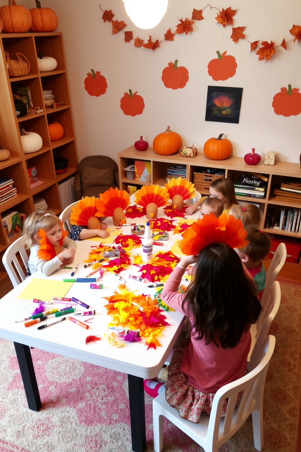 A cozy playroom setting for a Thanksgiving craft activity. The space features a large table covered with colorful craft supplies, including feathers, glue, and construction paper. Around the table, children are engaged in creating handmade turkey hats. The walls are adorned with festive decorations, including paper pumpkins and autumn leaves.