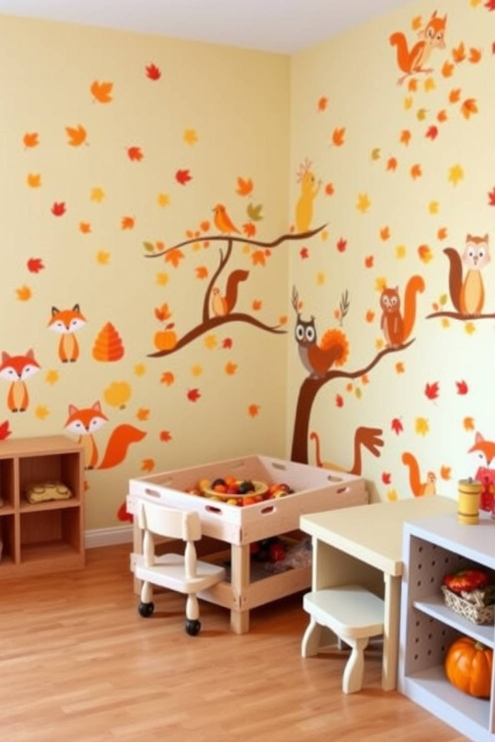 A playful playroom filled with vibrant wall decals of fall animals such as foxes, owls, and squirrels amidst colorful leaves. The walls are adorned with a warm palette of oranges, yellows, and browns, creating a cozy Thanksgiving atmosphere.