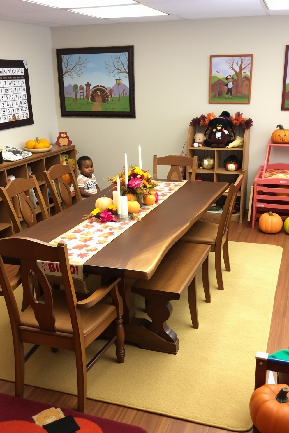 A cozy Thanksgiving bingo game area is set up with a large rustic wooden table surrounded by comfortable chairs. The table is adorned with a festive tablecloth featuring autumn leaves and pumpkins, and a centerpiece of seasonal flowers and candles adds warmth to the space. The playroom is decorated with cheerful autumn-themed accents, including plush toys shaped like turkeys and pumpkins. Soft, colorful rugs cover the floor, and wall art featuring Thanksgiving scenes creates a playful and inviting atmosphere for children to enjoy.