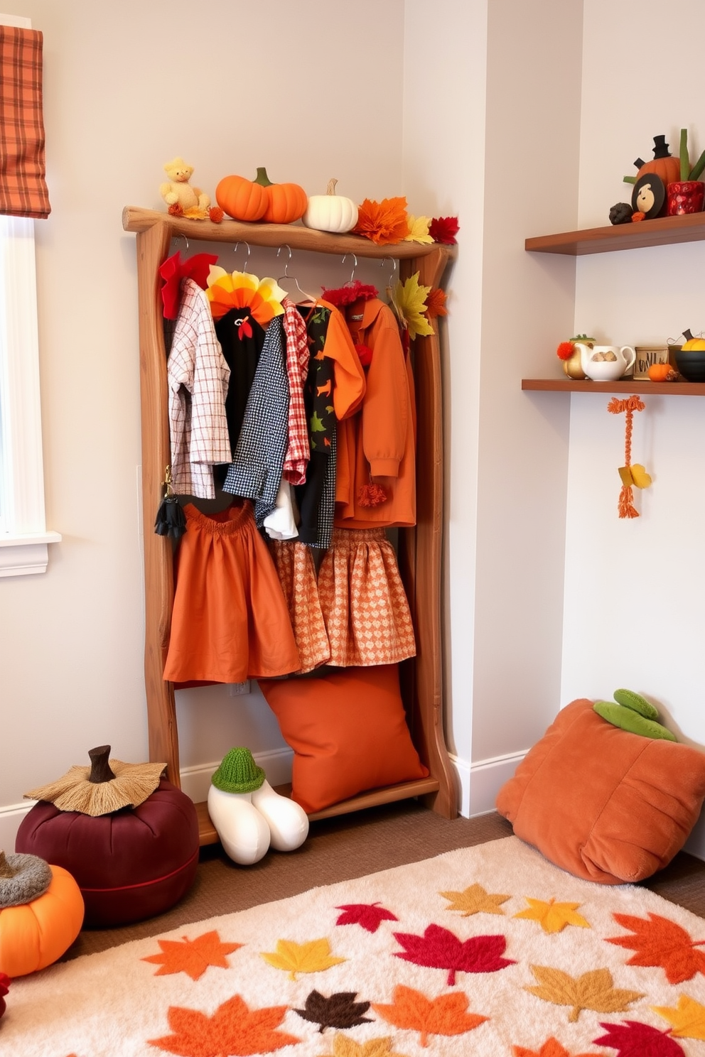 A cozy corner for Thanksgiving themed dress-up costumes. The area features a rustic wooden rack adorned with colorful costumes including turkeys, pumpkins, and fall leaves. The playroom is decorated with warm autumn colors and festive decorations. Plush pillows in the shape of acorns and a soft rug resembling fallen leaves create a welcoming atmosphere.