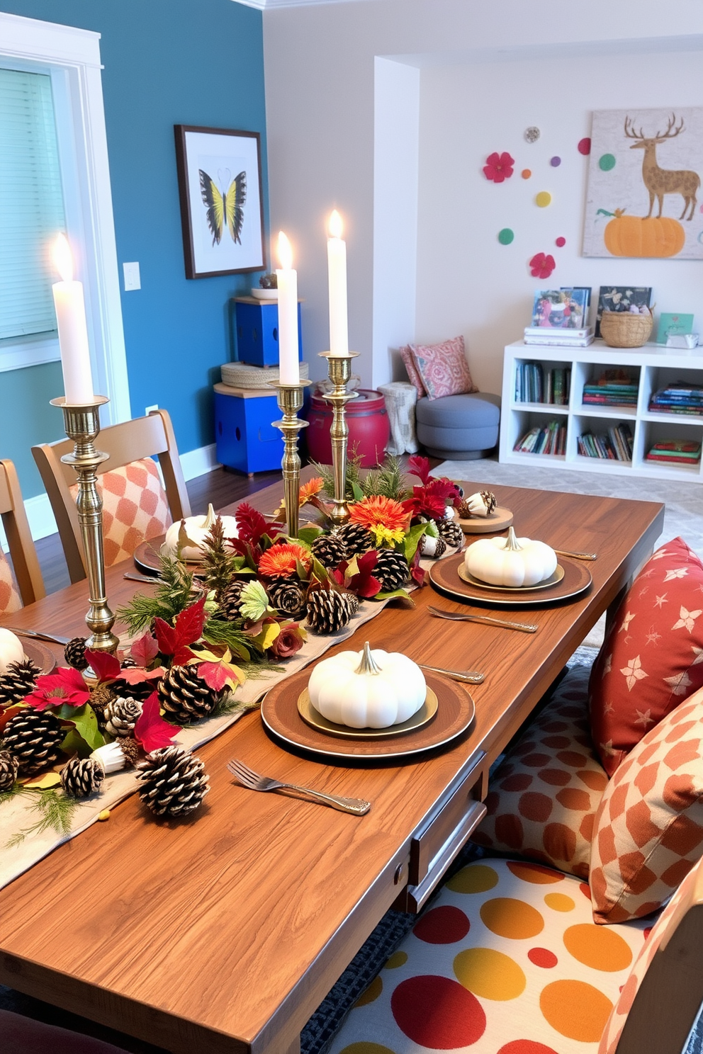 A nature-inspired table setting for Thanksgiving features a rustic wooden table adorned with an array of pinecones, leaves, and seasonal flowers. Soft candlelight flickers from elegant holders, creating a warm and inviting atmosphere. For a playroom, vibrant colors and playful patterns dominate the decor, with whimsical wall art and comfortable seating options. A cozy reading nook is created with plush cushions and a small bookshelf filled with children's books.