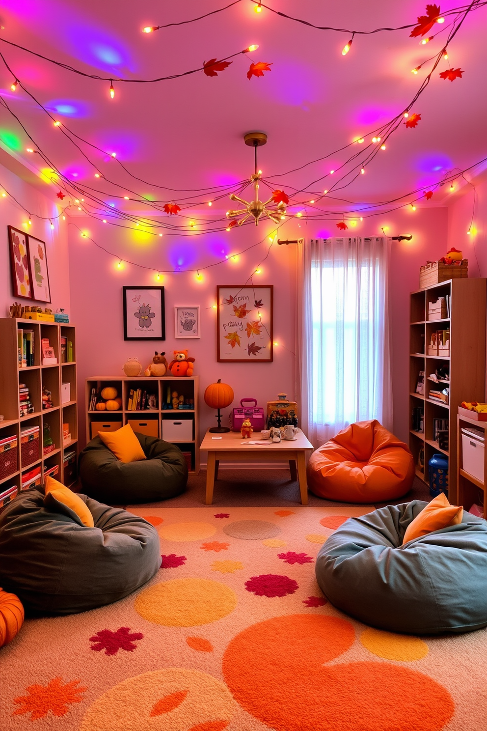 A cozy playroom filled with autumn colored fairy lights that create a warm and inviting atmosphere. The walls are adorned with playful artwork and the floor is covered with a soft, colorful rug to enhance comfort and creativity. A large, cushioned seating area features bean bags in vibrant fall hues, providing a fun space for children to relax and play. Shelves filled with toys and books are neatly organized, and a small table is set up for arts and crafts activities, capturing the spirit of Thanksgiving.