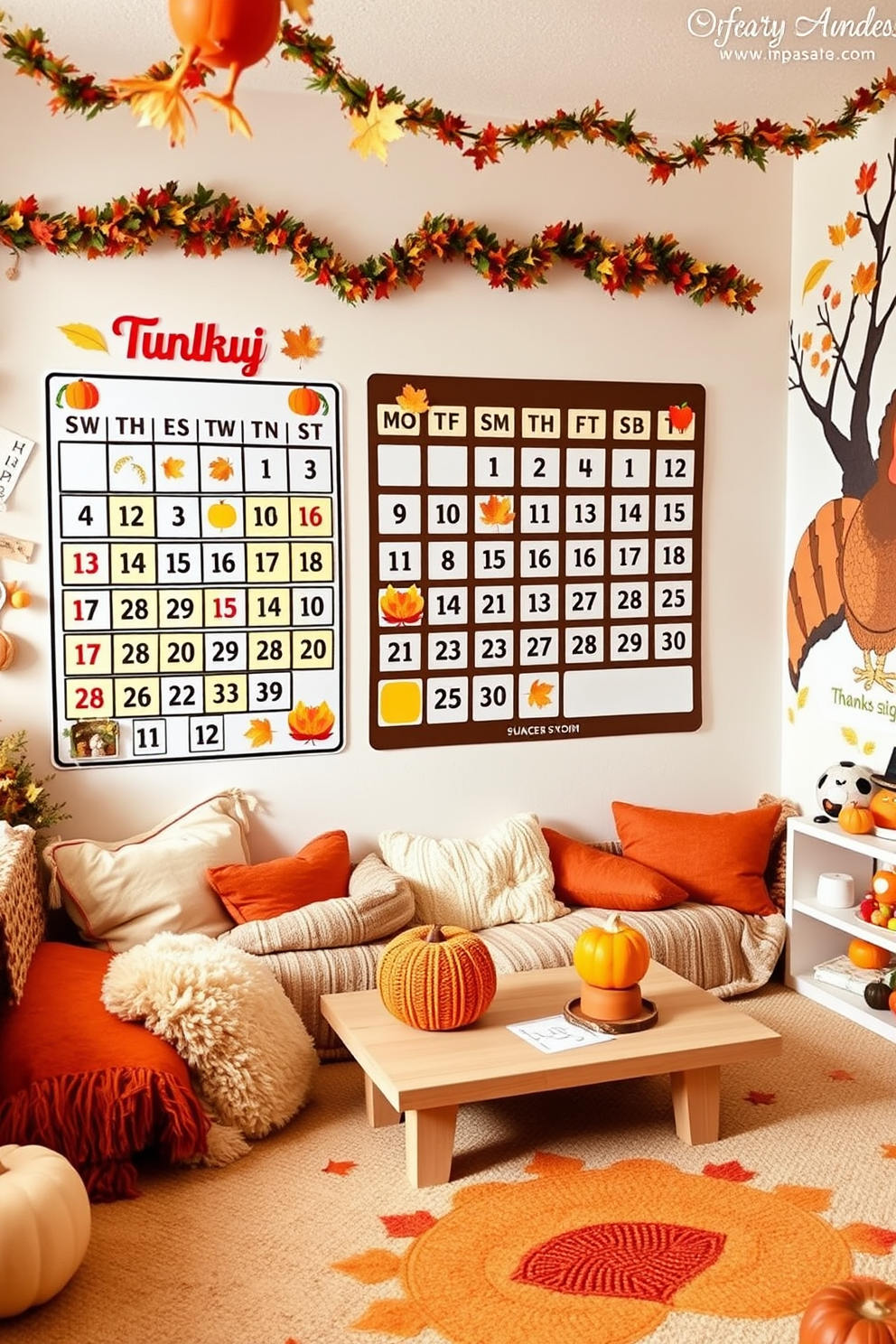 Create a warm and inviting Thanksgiving playroom filled with festive decorations. The space features a large interactive calendar countdown to Thanksgiving, adorned with colorful autumn-themed graphics and removable date markers. Incorporate cozy seating areas with plush cushions and blankets in fall colors. Add playful elements like a turkey-themed craft station and a harvest-inspired mural on the wall to enhance the festive atmosphere.