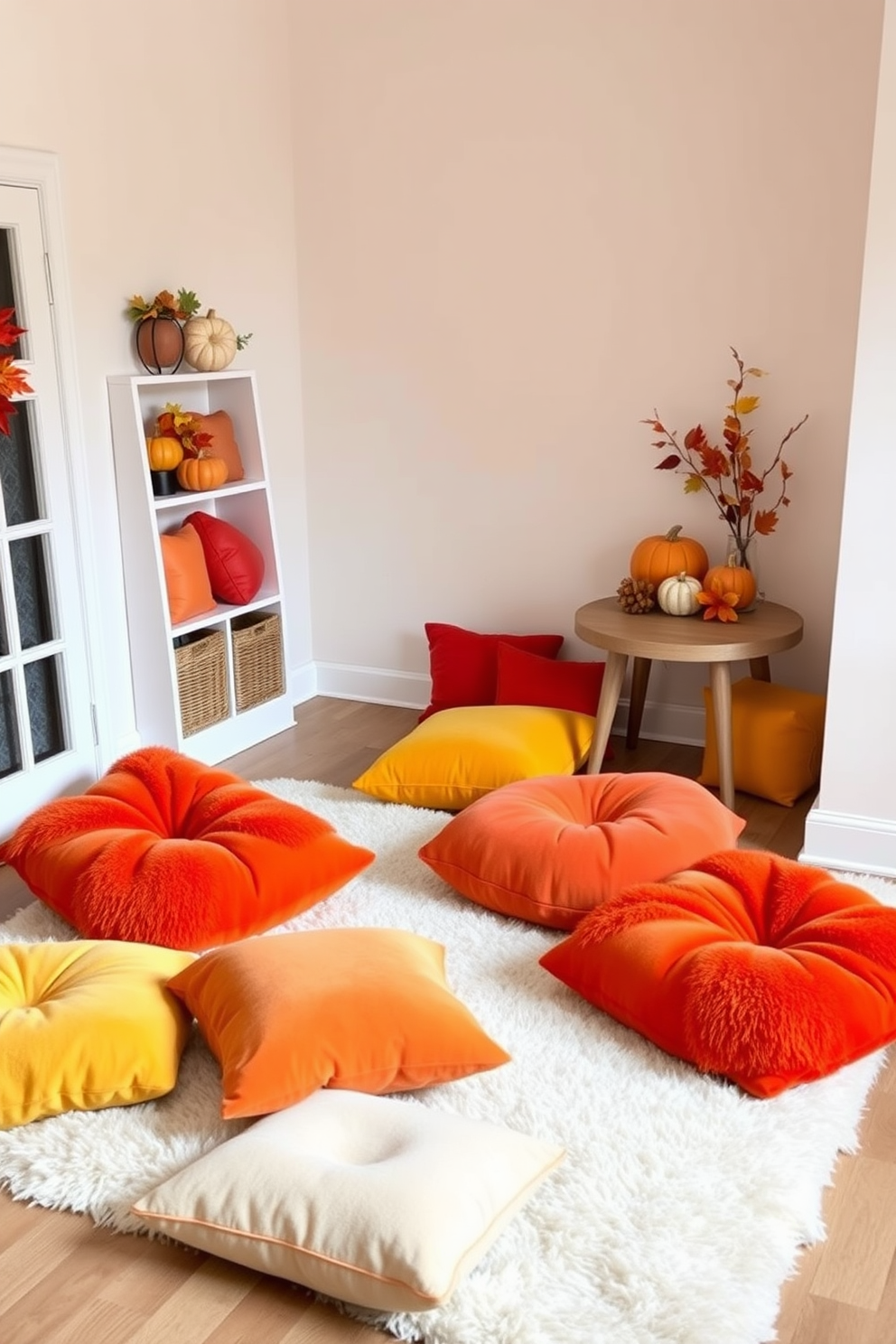 A cozy playroom featuring an arrangement of plush cushions in vibrant fall colors like orange, red, and yellow. The cushions are scattered on a soft area rug, creating a warm and inviting space for children to relax and play. In one corner, a small table is adorned with festive decorations, including pumpkins and autumn leaves. The walls are painted in a light neutral tone to enhance the cheerful atmosphere of the room.