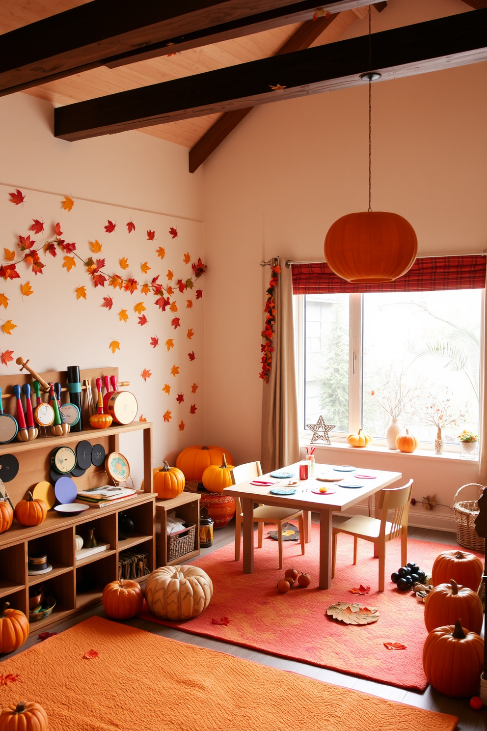 A cozy Thanksgiving themed playroom filled with musical instruments. The walls are adorned with autumn leaves and pumpkins, while a soft rug in warm colors covers the floor. In one corner, a collection of colorful instruments like tambourines and maracas is arranged on a wooden shelf. A large window lets in natural light, highlighting a table set for crafting Thanksgiving decorations.