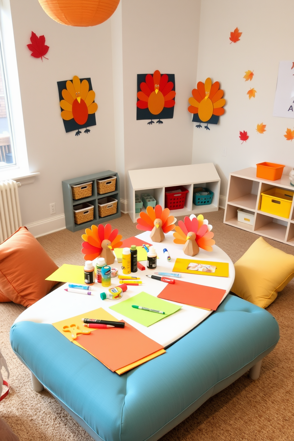 A cozy reading nook features a plush armchair upholstered in warm, earthy tones positioned near a window. A small side table holds a steaming cup of tea and a stack of fall-themed books, while a soft throw blanket drapes over the arm of the chair. The Thanksgiving playroom is adorned with festive decorations like pumpkins and autumn leaves. Colorful cushions and a large rug create a welcoming space for children to play and enjoy seasonal activities.