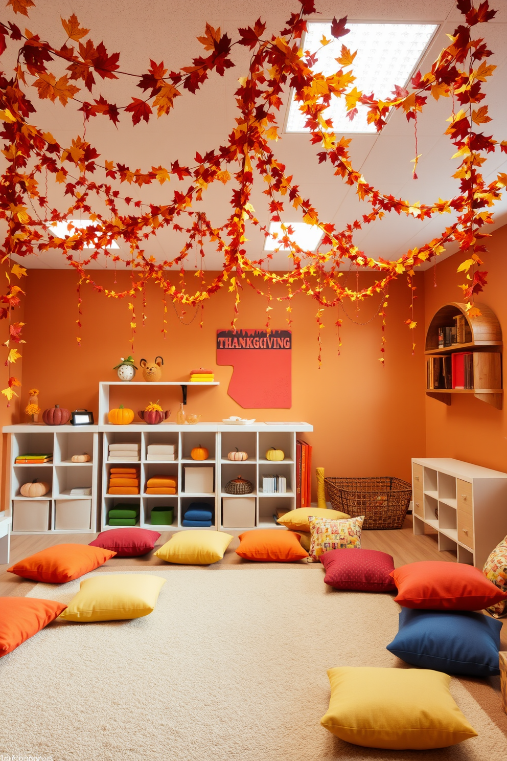 A vibrant playroom filled with cozy autumn leaf garlands draping from the ceiling. The walls are painted in warm earth tones, and colorful cushions are scattered across the floor for a playful atmosphere. Thanksgiving-themed decorations adorn the shelves, featuring pumpkins and harvest elements. A large, inviting rug provides a soft play area for children to engage in creative activities.