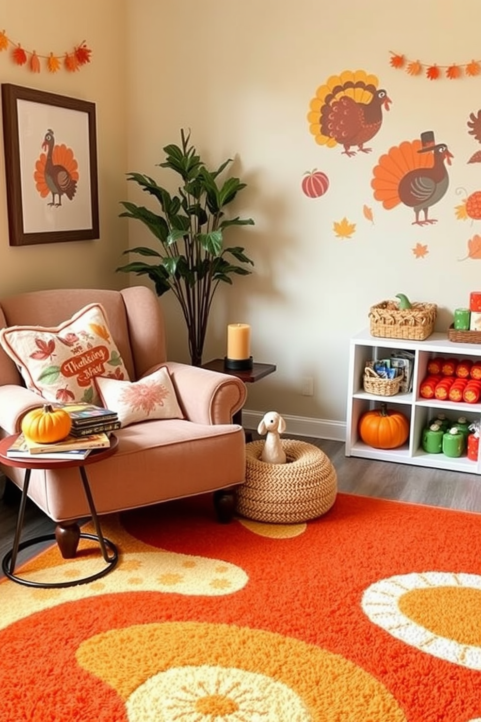 A cozy Thanksgiving storybook corner features a plush armchair adorned with autumn-themed cushions. A small side table holds a stack of classic children's books and a pumpkin spice candle, creating a warm and inviting atmosphere. The Thanksgiving playroom is decorated with vibrant fall colors and playful decorations. A large rug in shades of orange and yellow anchors the space, while wall art showcases whimsical turkeys and harvest scenes.