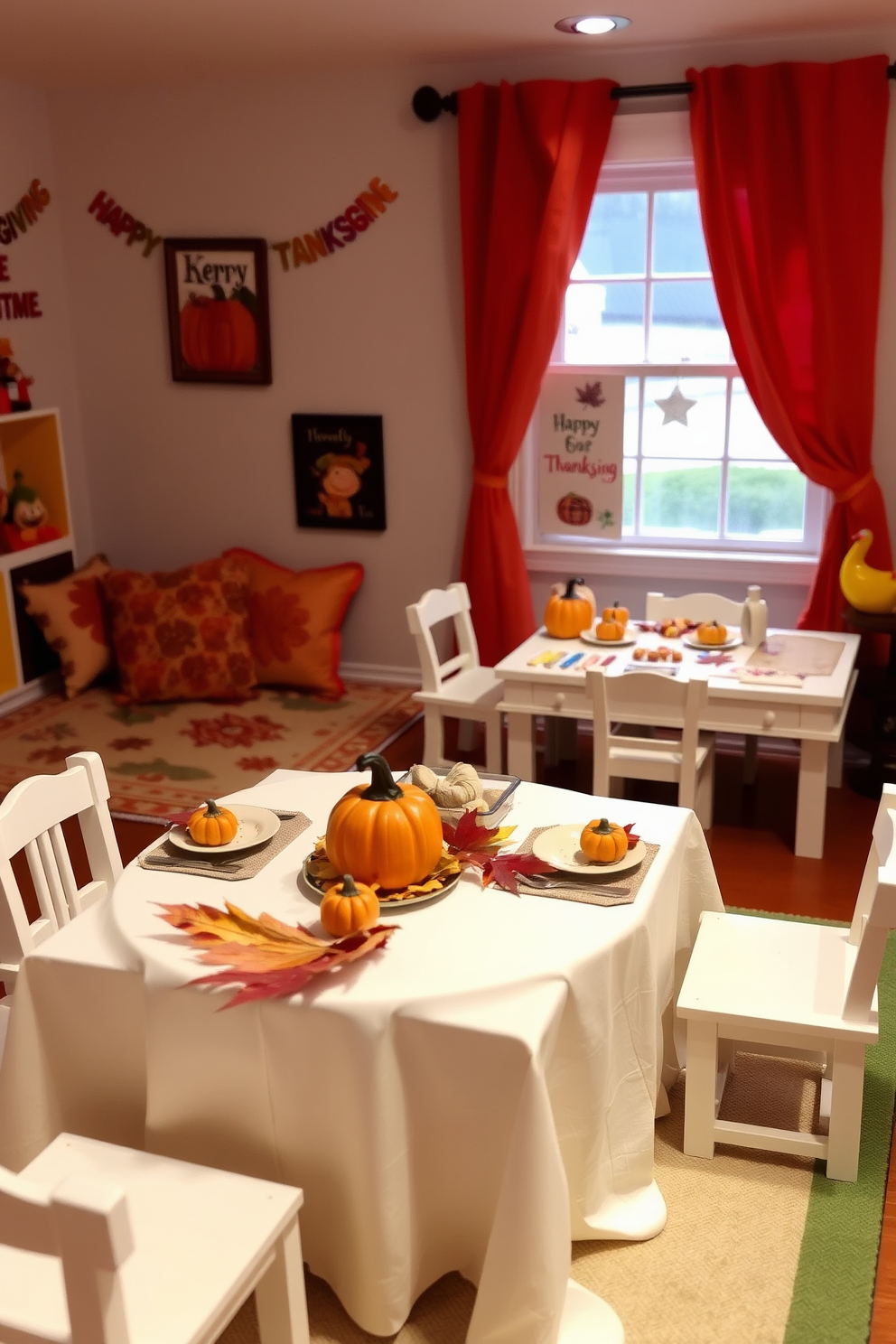 A charming miniature Thanksgiving dinner table display. The table is set with a crisp white tablecloth, adorned with small pumpkins and autumn leaves as centerpieces. A cozy playroom decorated for Thanksgiving. The space features colorful cushions, a small craft table with art supplies, and playful wall art celebrating the season.