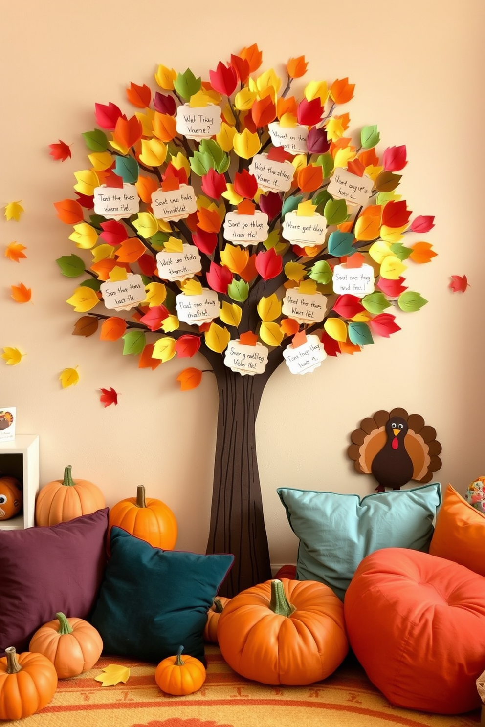 Create a vibrant and interactive gratitude tree in a cozy Thanksgiving-themed playroom. The tree is adorned with colorful paper leaves where kids can write what they are thankful for, and it stands against a backdrop of warm autumn colors. Incorporate playful elements like plush pumpkins and turkey decorations scattered around the room. The seating area features soft, oversized cushions in fall hues, inviting children to gather and share their gratitude stories.