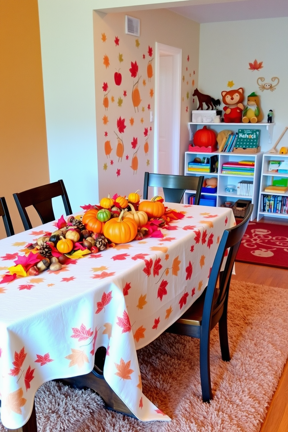 A festive tablecloth with fall motifs drapes elegantly over a rustic wooden dining table. The table is adorned with an array of autumn-themed decorations, including pumpkins, acorns, and vibrant leaves. In the playroom, colorful wall decals of woodland creatures create a whimsical atmosphere. A soft, plush rug in warm tones anchors the space, while shelves filled with books and toys invite imaginative play.