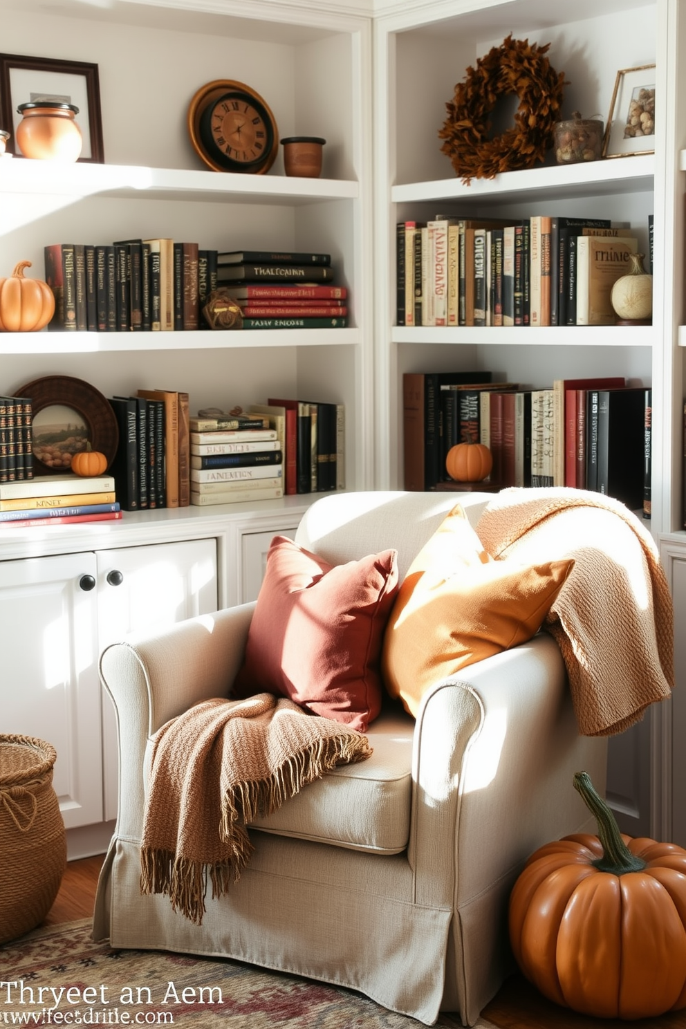 Cozy armchair positioned in a sunlit corner of the room. A warm throw blanket drapes casually over the arm of the chair, inviting relaxation. Surrounded by shelves filled with books and autumn-themed decor. Soft cushions in rich, earthy tones enhance the inviting atmosphere of the Thanksgiving reading nook.