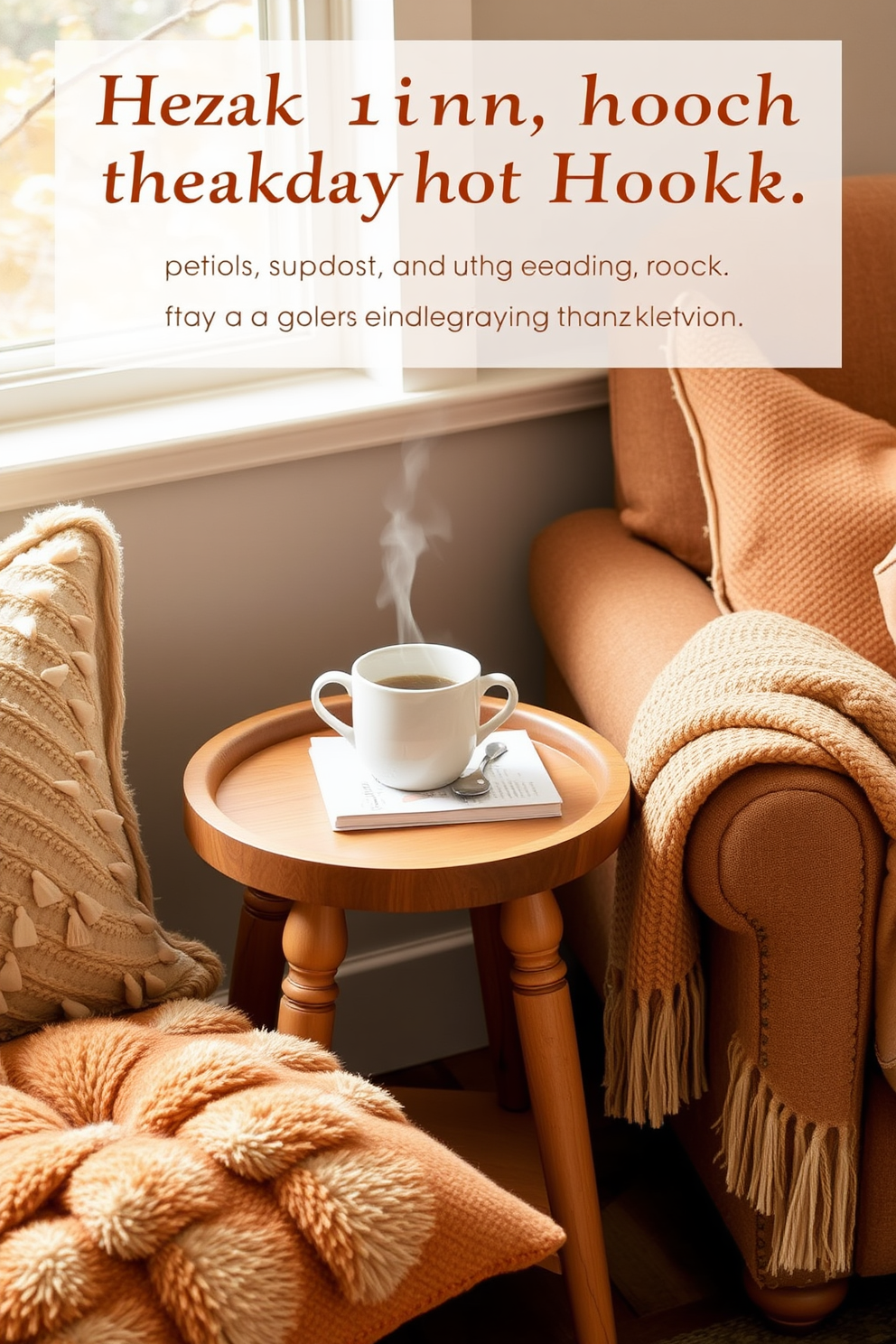 A cozy reading nook featuring a small side table designed for hot drinks. The table is made of warm wood and has a soft, inviting texture, perfect for holding a steaming cup of tea or coffee. Surrounding the table are plush cushions in autumnal hues, creating a comfortable space to relax. A warm throw blanket drapes over the arm of a nearby chair, enhancing the inviting atmosphere for Thanksgiving gatherings.