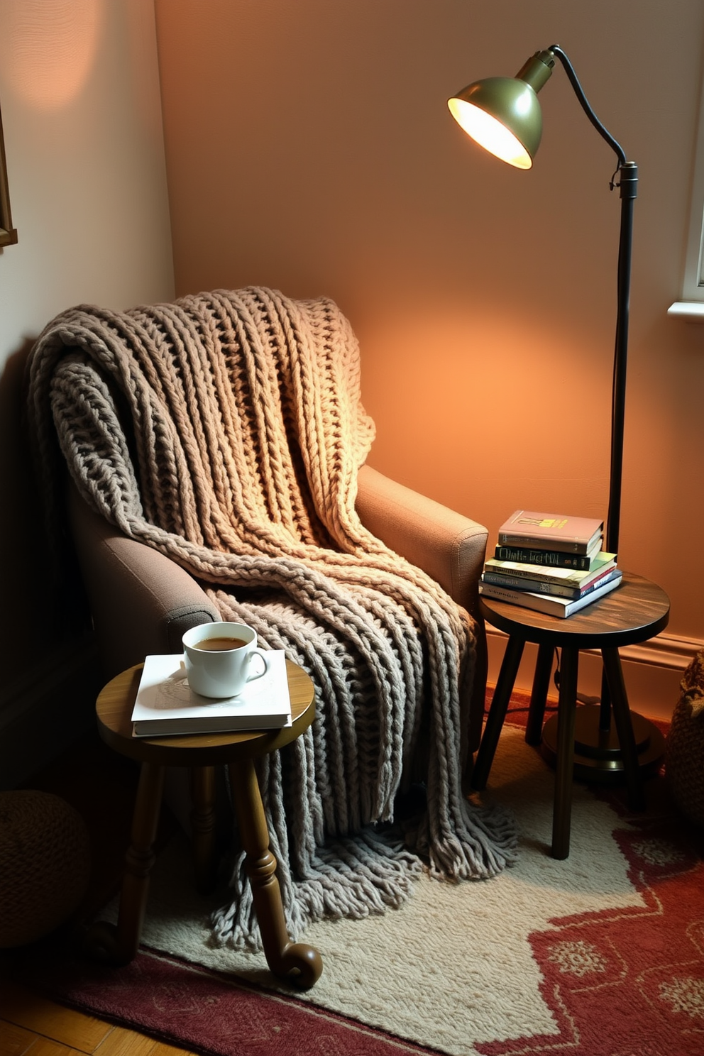 A cozy reading nook adorned with soft cushions and a warm throw blanket. In the center, a rustic wooden table holds a collection of miniature pumpkins, adding a festive touch for Thanksgiving. Surrounding the nook are bookshelves filled with an array of colorful books. Natural light filters in through a nearby window, creating an inviting atmosphere perfect for curling up with a good read.