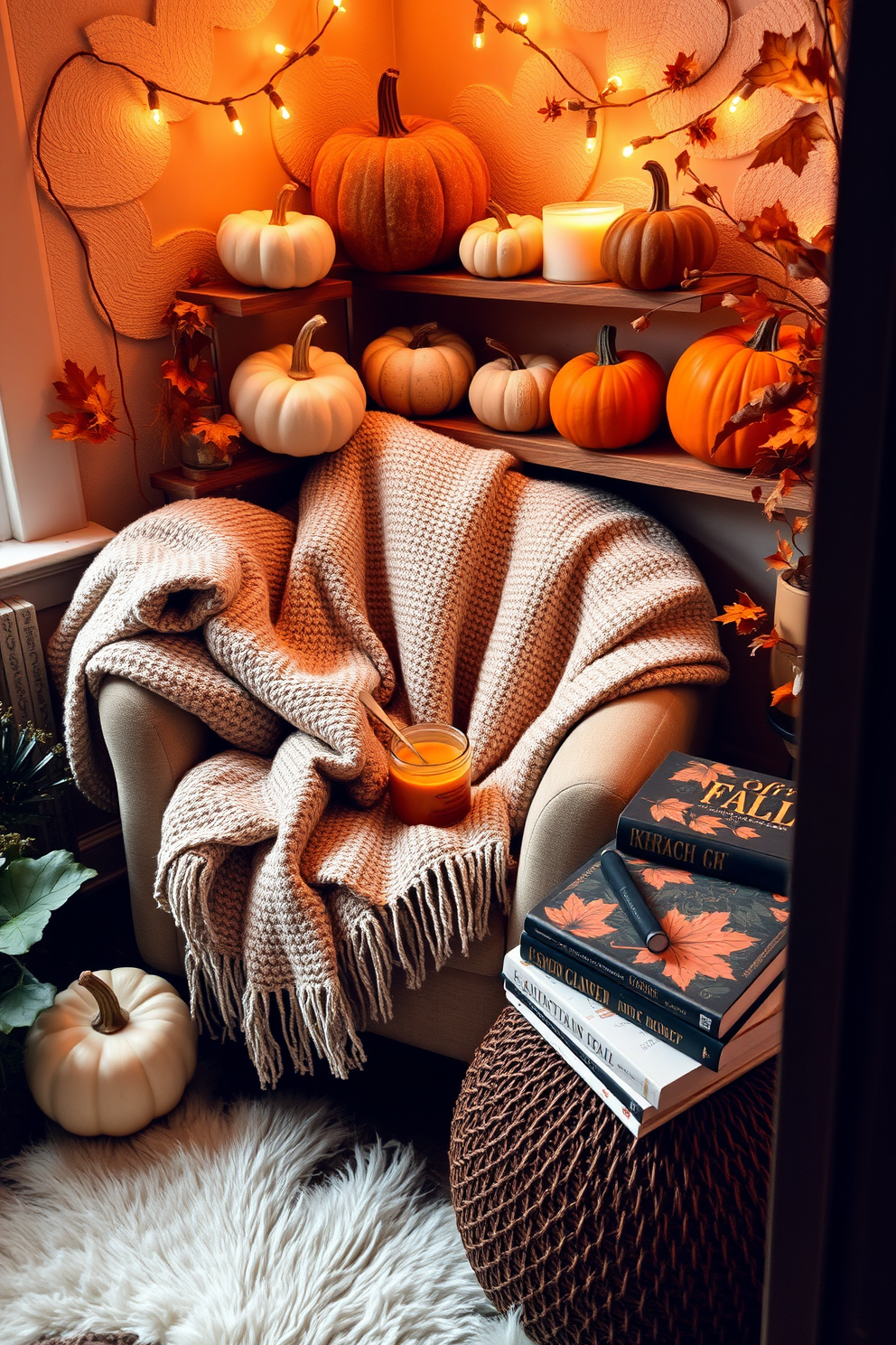 A cozy reading nook adorned with decorative pumpkins and gourds. Soft blankets are draped over a plush armchair, creating an inviting atmosphere for relaxation. A small side table holds a steaming cup of cider and a stack of autumn-themed books. Warm, ambient lighting enhances the seasonal decor, making it the perfect spot to enjoy the fall season.