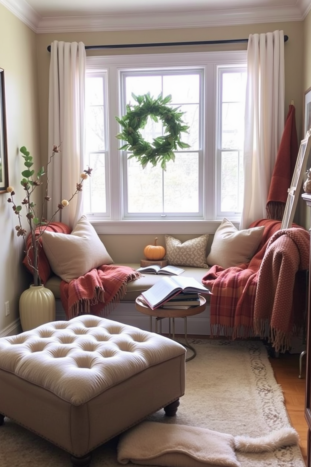 A cozy reading nook featuring a comfortable armchair upholstered in warm, earthy tones. Stacked books with fall-colored covers are arranged on a rustic wooden side table, inviting relaxation and reflection. Soft, ambient lighting from a nearby floor lamp creates an inviting atmosphere for leisurely reading. Decorate the space with seasonal accents like small pumpkins and autumn leaves to enhance the Thanksgiving theme.