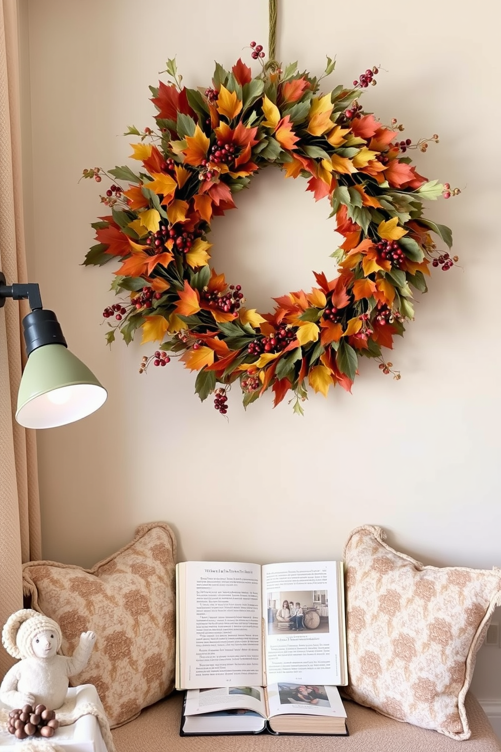 A cozy reading nook featuring a vintage trunk used for storage and decor. The trunk is adorned with autumn-themed decorations and surrounded by plush cushions in warm colors. A comfortable armchair is positioned next to the trunk, inviting relaxation with a soft throw blanket draped over it. The nook is illuminated by a soft lamp, creating a warm ambiance perfect for Thanksgiving reading.