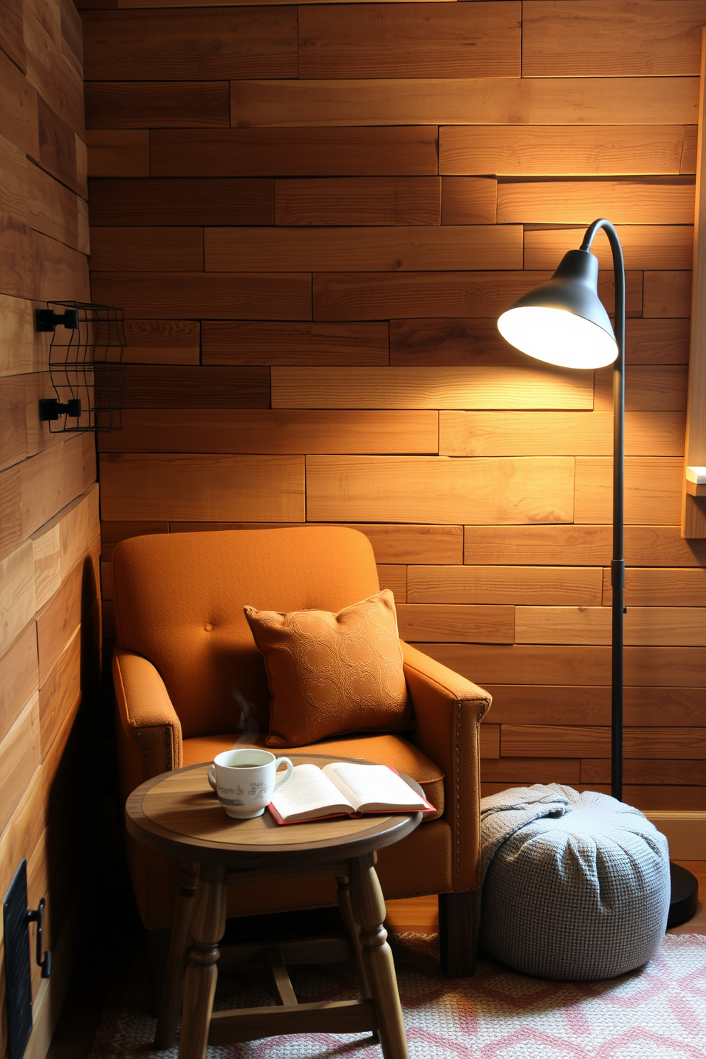 A cozy reading nook featuring natural wood elements creates a rustic feel. The space includes a comfortable armchair upholstered in warm fabric, placed beside a wooden side table holding a stack of books and a steaming cup of tea. The walls are adorned with reclaimed wood paneling, enhancing the rustic charm. Soft lighting from a nearby floor lamp casts a warm glow, inviting you to curl up with your favorite novel.