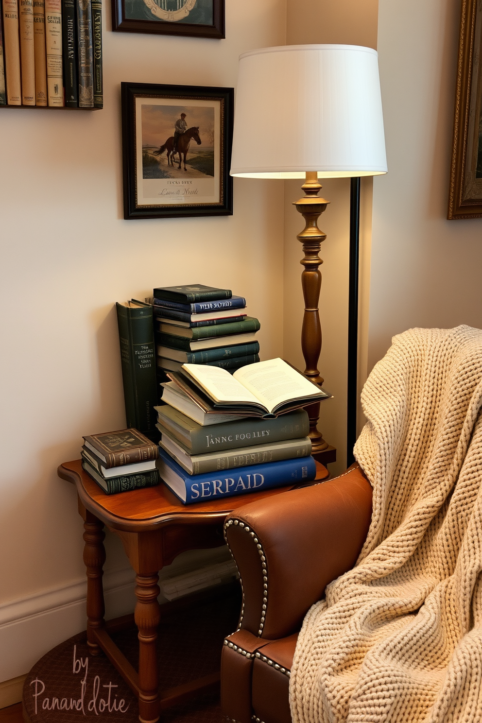 A cozy reading nook adorned with vintage books stacked artfully on a small wooden side table. Soft, warm lighting from a nearby lamp creates an inviting atmosphere, while a plush armchair draped with a knitted throw invites you to settle in and enjoy a good book.