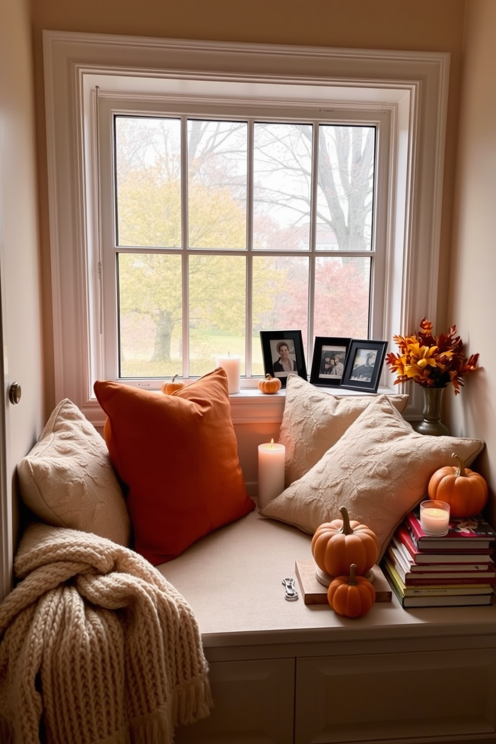 A cozy window seat with plush cushions invites you to relax and enjoy the view. Soft autumn colors create a warm atmosphere, complemented by a knitted throw and a stack of seasonal books nearby. Decorate the nook with small pumpkins and candles to enhance the Thanksgiving spirit. A few framed family photos on the windowsill add a personal touch to this inviting space.