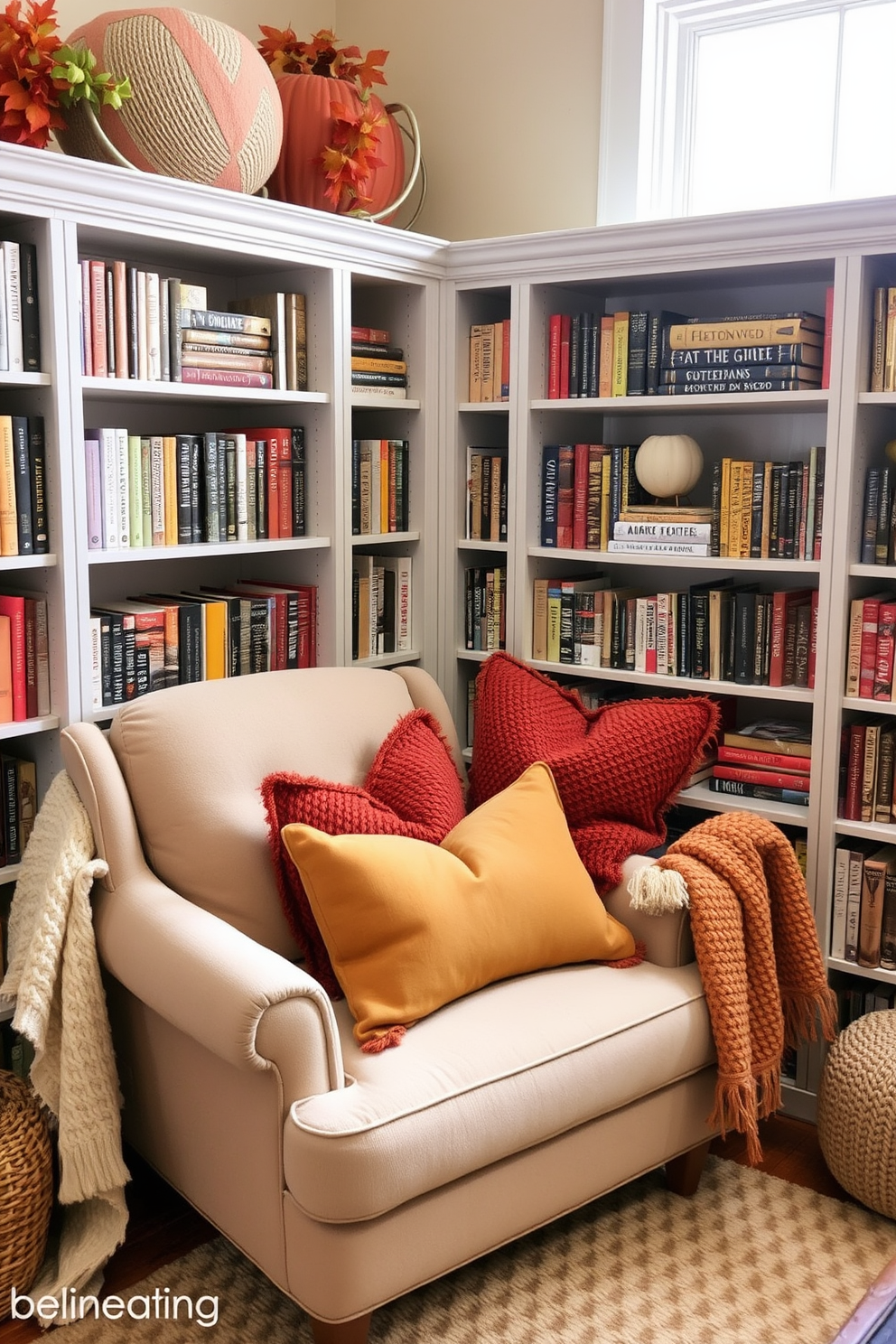 A cozy reading nook adorned with throw pillows in warm autumn colors creates an inviting atmosphere. The nook features a plush armchair surrounded by bookshelves filled with seasonal reads and a soft, knitted throw draped over the side.