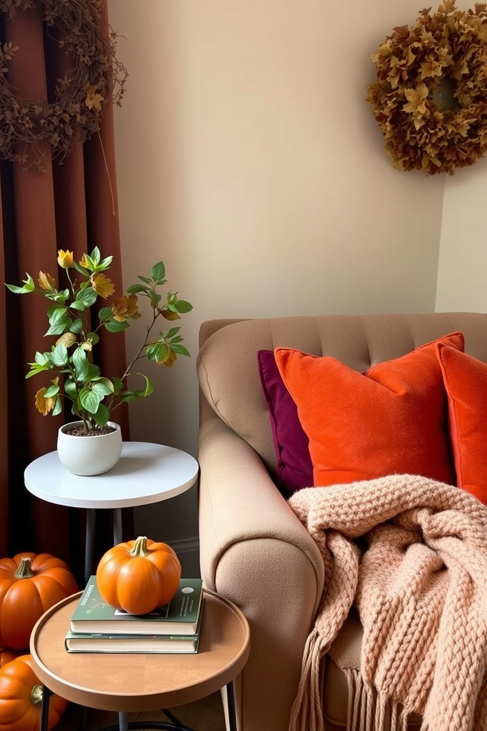 A cozy reading nook adorned with warm autumn colors and soft textures. A small potted plant sits on a side table next to a comfortable armchair, bringing a fresh vibe to the space. Plush cushions in rich orange and deep burgundy are scattered on the chair, inviting relaxation. A knitted throw blanket is draped over the armrest, adding warmth for those chilly Thanksgiving evenings.