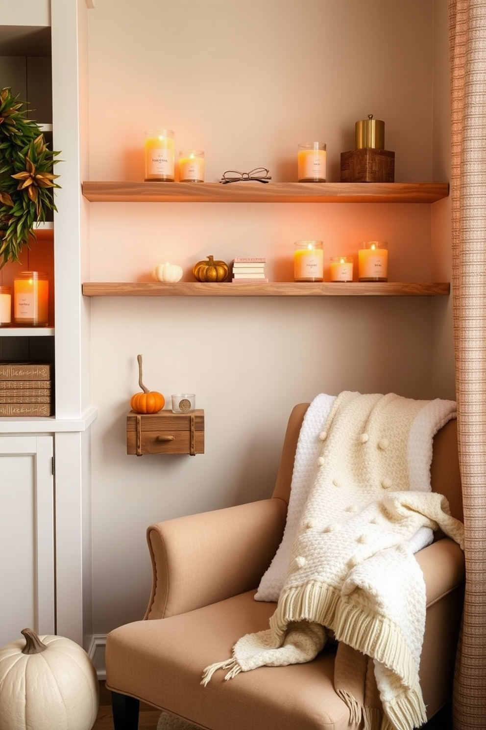 Create a cozy reading nook decorated for Thanksgiving. The shelves are lined with pumpkin spice scented candles, adding warmth and a seasonal touch to the space. Plush cushions in autumn colors are scattered on a comfortable armchair. A soft throw blanket drapes over the armrest, inviting relaxation and comfort.