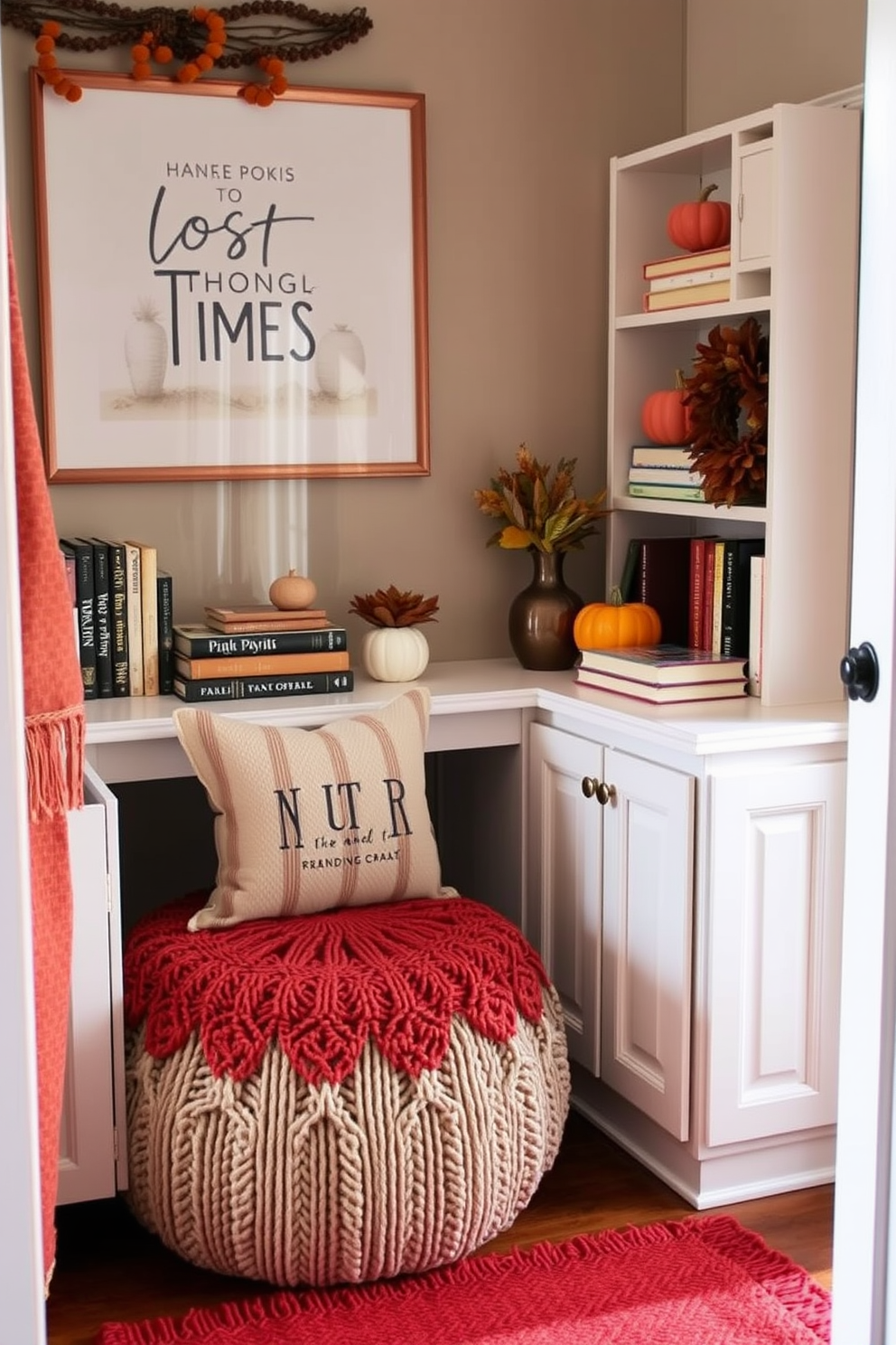 A charming tea cart is set up for warm beverages, featuring an assortment of fine china cups and a steaming teapot. The cart is adorned with seasonal decorations like small pumpkins and autumn leaves, creating a cozy atmosphere. The Thanksgiving reading nook is designed with plush cushions and a soft throw blanket, inviting relaxation. A small bookshelf nearby holds a selection of holiday-themed books, enhancing the festive spirit.