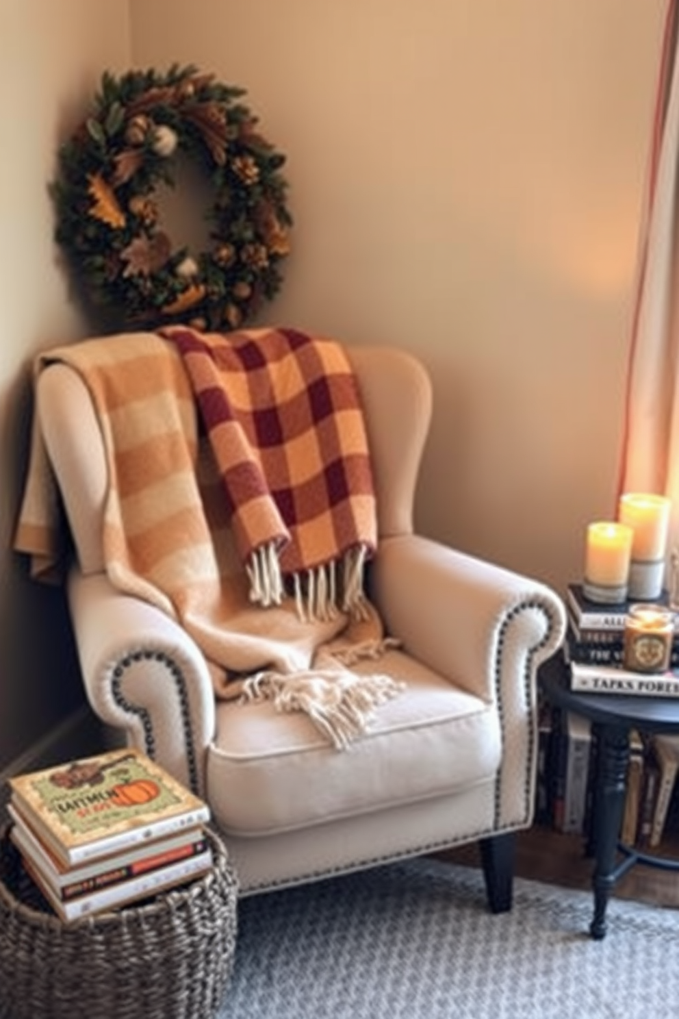 A cozy reading nook adorned for Thanksgiving features a plush armchair with seasonal throw blankets draped casually over the back. The nook is enhanced by warm, ambient lighting and a small side table holding a stack of autumn-themed books and a pumpkin spice candle.