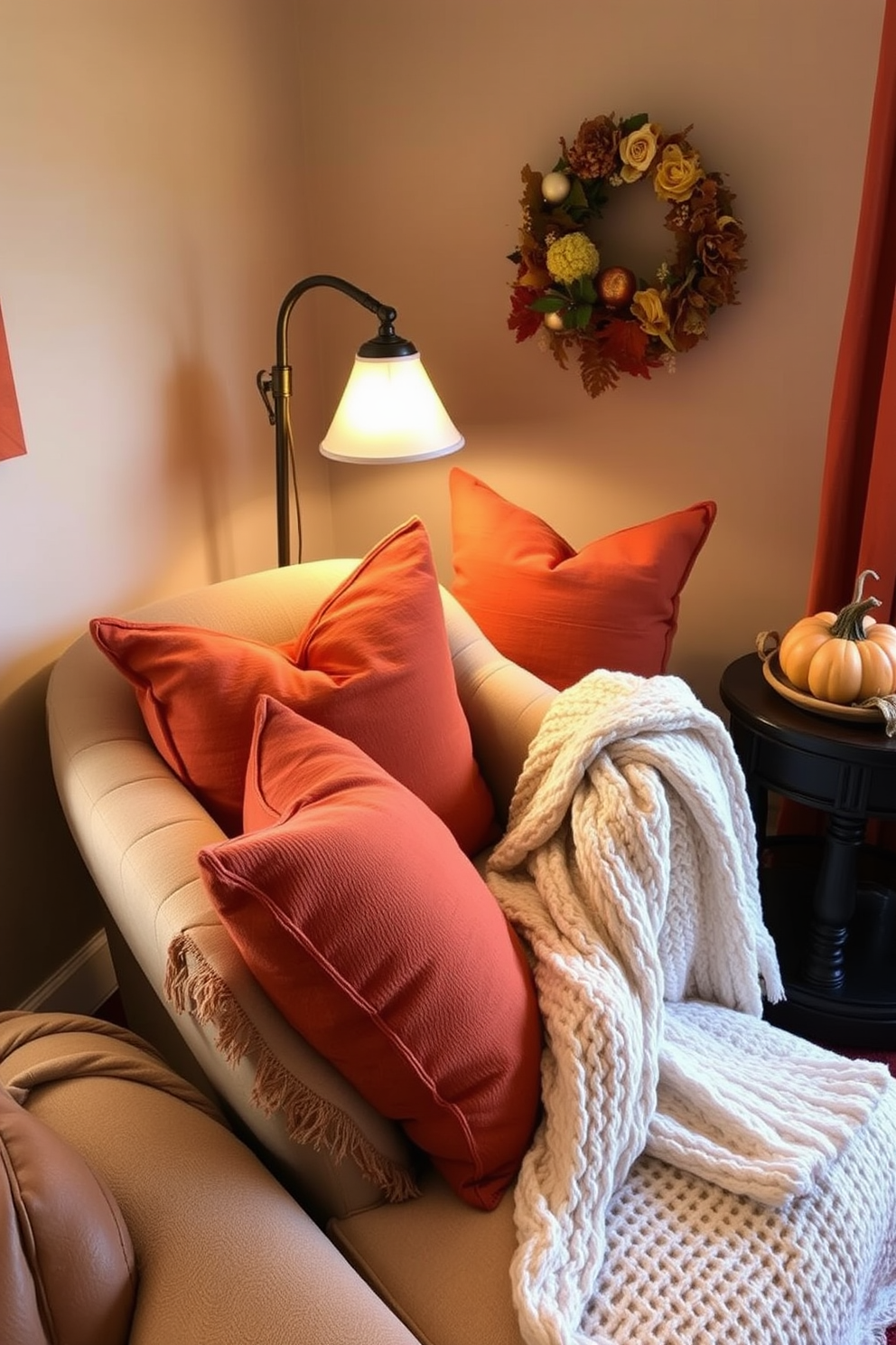 A cozy Thanksgiving reading nook features a plush armchair adorned with warm, autumn-colored throw pillows. A reading lamp with a soft glow stands beside the chair, providing the perfect light for curling up with a good book. The nook is decorated with seasonal accents like a small pumpkin centerpiece on a nearby side table. A soft, knitted blanket drapes over the armchair, inviting you to relax and enjoy the festive atmosphere.