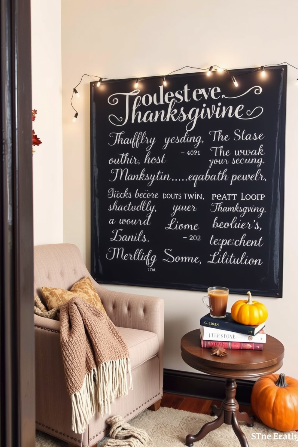 A cozy reading nook decorated for Thanksgiving features a large chalkboard on the wall displaying seasonal quotes in elegant lettering. The nook includes a plush armchair draped with a warm throw blanket and a small side table stacked with autumn-themed books and a steaming cup of cider.