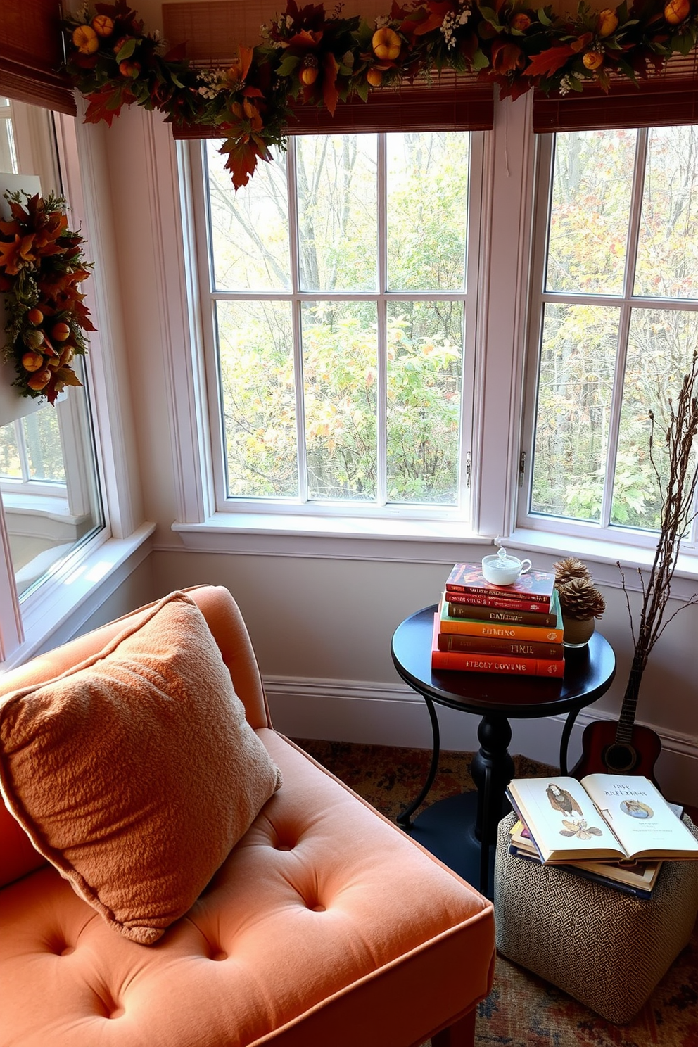 A cozy reading nook featuring a plush chaise lounge upholstered in soft, warm fabric. The nook is adorned with a small side table holding a steaming cup of tea and a stack of favorite books, surrounded by autumn-themed decorations.