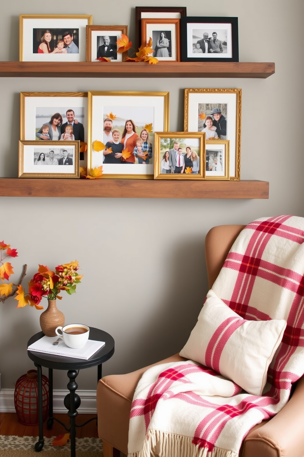 Framed family photos arranged on a rustic wooden shelf, capturing moments from past Thanksgivings surrounded by autumn leaves. The reading nook features a cozy armchair draped with a soft plaid blanket, complemented by a small side table holding a steaming cup of cider.