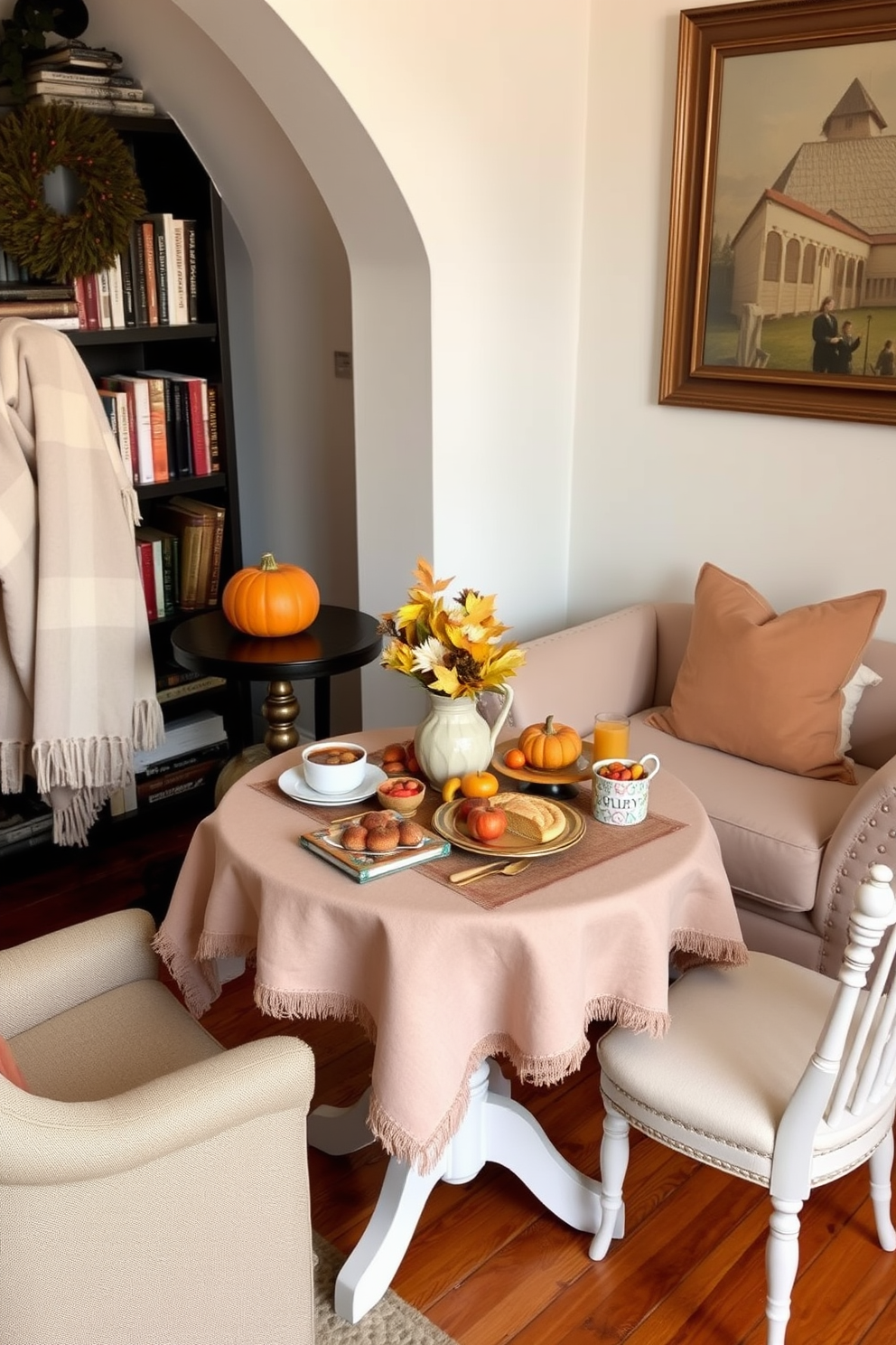 A charming small table set for seasonal snacks during Thanksgiving. The table is adorned with a rustic tablecloth, a centerpiece of autumn leaves, and an array of delicious treats like pumpkin pie and apple cider. A cozy reading nook featuring a comfortable armchair and a side table. Soft throw blankets and decorative pillows create an inviting atmosphere, while a nearby bookshelf displays a collection of favorite novels and seasonal decorations.