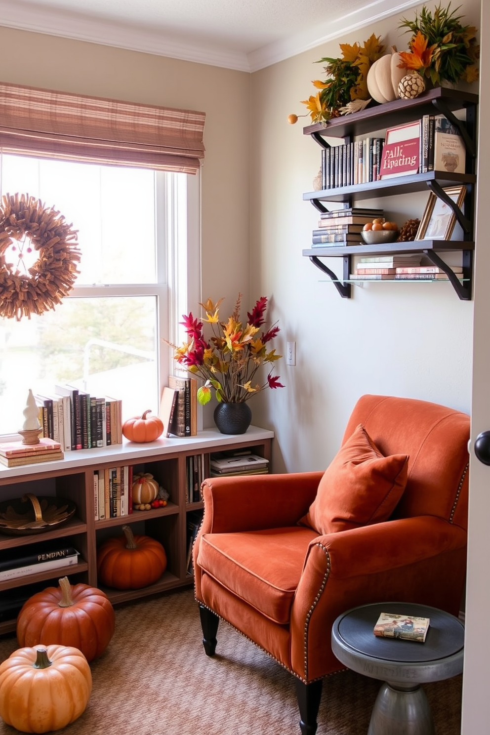 A cozy reading nook adorned with a plush armchair in a soft beige fabric. A stylish reading lamp with a warm glow stands beside the chair, casting a gentle light over a stack of books on a small wooden side table. The nook is decorated with seasonal Thanksgiving accents, such as a small pumpkin centerpiece and autumn-themed cushions. A soft throw blanket drapes over the armchair, inviting you to settle in with a good book.