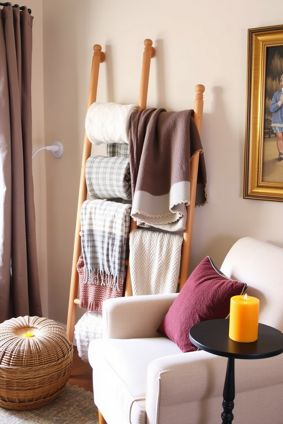 A cozy reading nook featuring a decorative blanket ladder for storage. The ladder is made of natural wood and leans against a soft, pastel-colored wall, adorned with a variety of textured blankets. A plush armchair sits nearby, inviting you to curl up with a good book. A small side table holds a steaming mug of cider and a pumpkin candle, adding to the Thanksgiving ambiance.