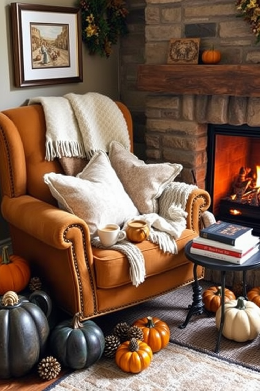 A cozy nook by the fireplace features a plush armchair upholstered in warm tones. Soft throw blankets and an assortment of decorative pillows invite relaxation, while a small side table holds a steaming cup of cider and a stack of favorite books. Surrounding the nook are autumn-themed decorations, including pumpkins and pinecones. The fireplace crackles softly, casting a warm glow that enhances the inviting atmosphere perfect for Thanksgiving reading.