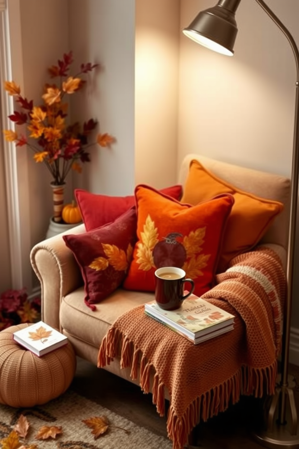 A cozy reading nook adorned with autumn-themed cushions and pillows in warm shades of orange, gold, and deep red. A plush armchair sits in the corner, surrounded by a small side table holding a steaming cup of cider and a stack of seasonal books. The nook is softly illuminated by a nearby floor lamp with a warm glow, casting a comforting ambiance. A woven throw blanket drapes over the armchair, inviting relaxation and reflection during the Thanksgiving season.