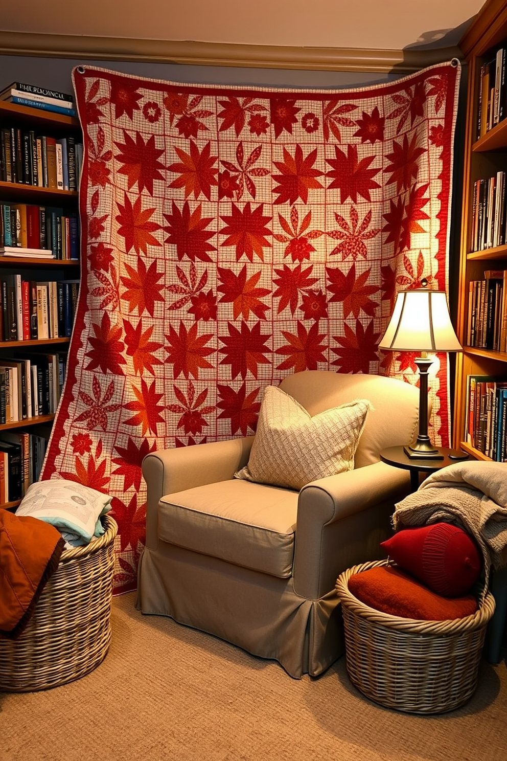 A cozy reading nook featuring a large chalkboard mounted on the wall for holiday messages. The nook is adorned with plush cushions and a soft throw blanket, creating an inviting space for relaxation and festive creativity.