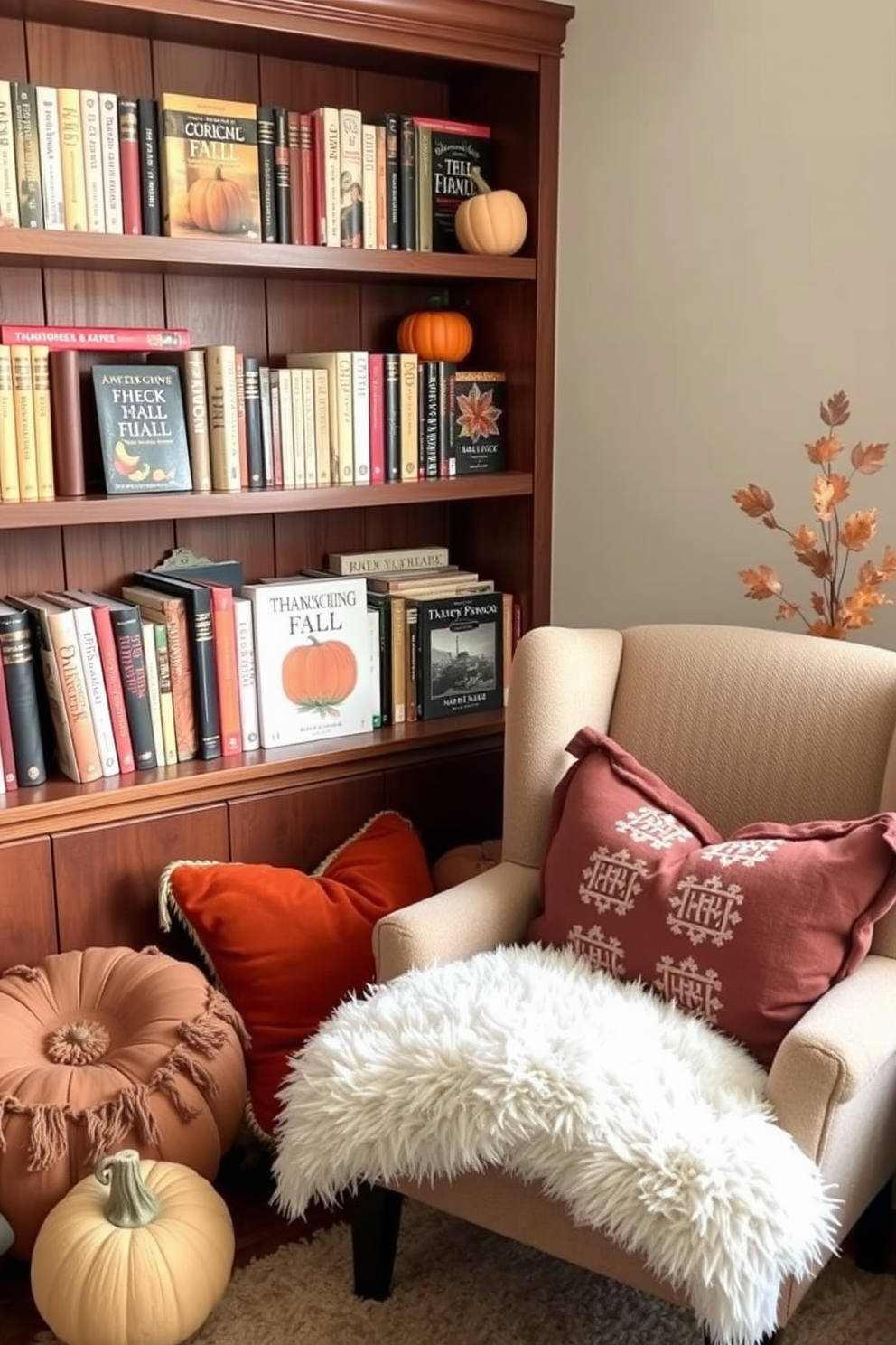 A cozy reading nook featuring a wooden bookshelf adorned with fall decorations. The bookshelf is filled with an array of colorful autumn-themed books and small pumpkins placed on the shelves.