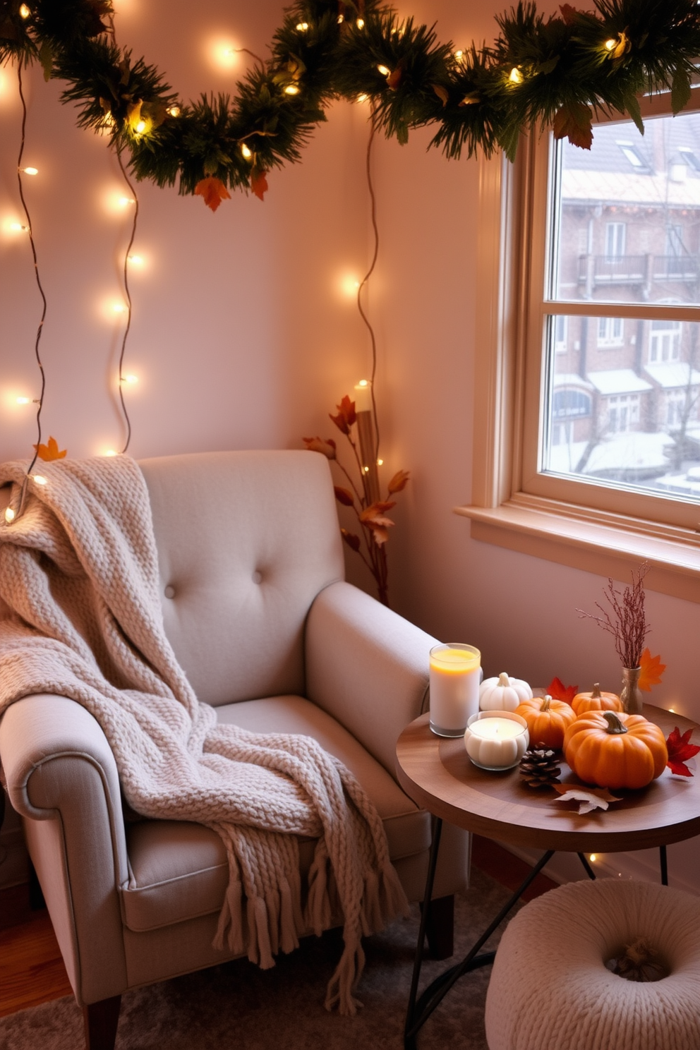 A cozy reading nook adorned with soft lighting creates a warm atmosphere perfect for Thanksgiving. The space features a plush armchair draped with a knitted throw and a small side table holding a steaming cup of cider. Fairy lights twinkle gently around the nook, enhancing the inviting ambiance. Seasonal decorations like small pumpkins and autumn leaves are artfully arranged on the table, adding a festive touch.