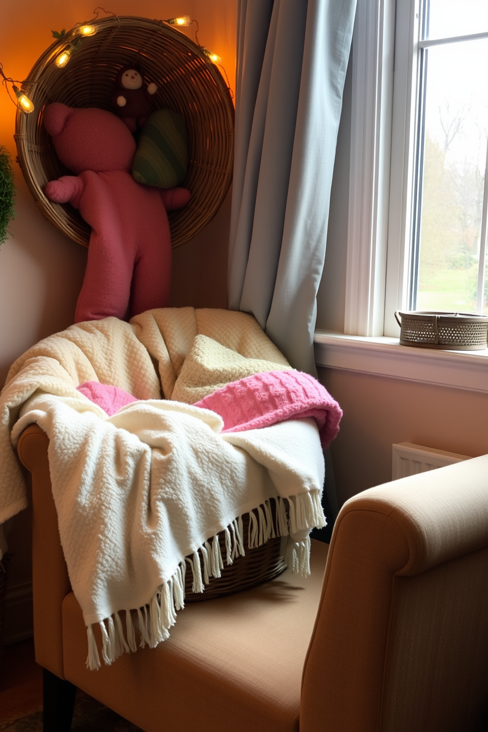 A cozy reading nook adorned with a woven basket filled with soft, colorful blankets. The space features a comfortable armchair positioned near a window, with warm, ambient lighting creating an inviting atmosphere.