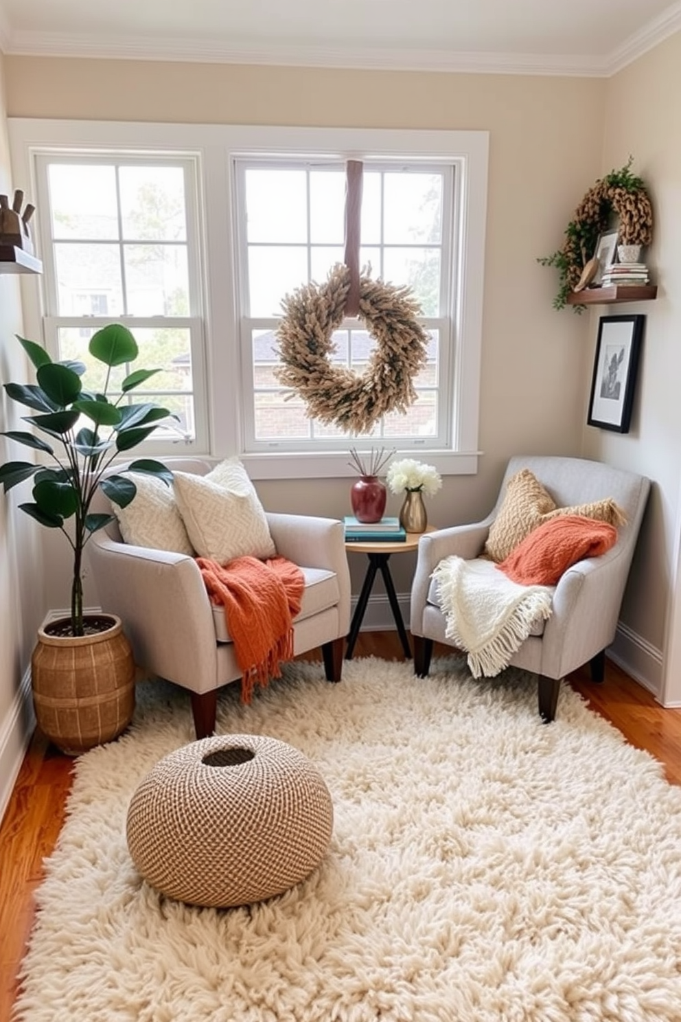 A cozy reading nook adorned with a fluffy rug that adds warmth to the space. The nook features a comfortable armchair, a small side table, and soft throw pillows, creating an inviting atmosphere perfect for Thanksgiving relaxation.