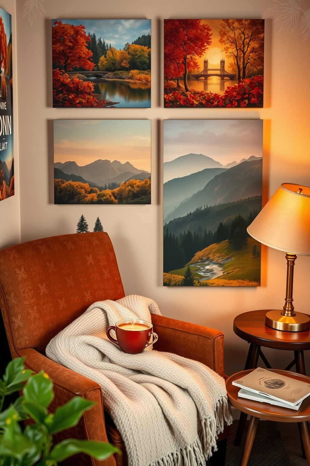 A cozy reading nook adorned with wall art featuring vibrant autumn landscapes. The space includes a comfortable armchair draped with a soft throw blanket, a small side table holding a steaming cup of tea, and a warm lamp casting a gentle glow.