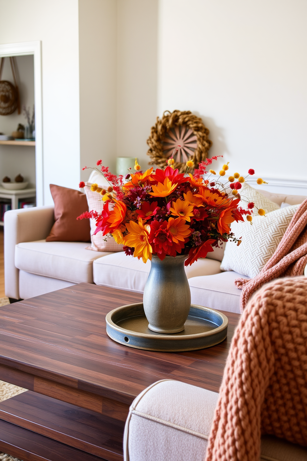 A cozy small living room adorned with vintage books stacked as decorative accents. The warm color palette features earthy tones and soft textures, creating an inviting atmosphere for Thanksgiving gatherings.